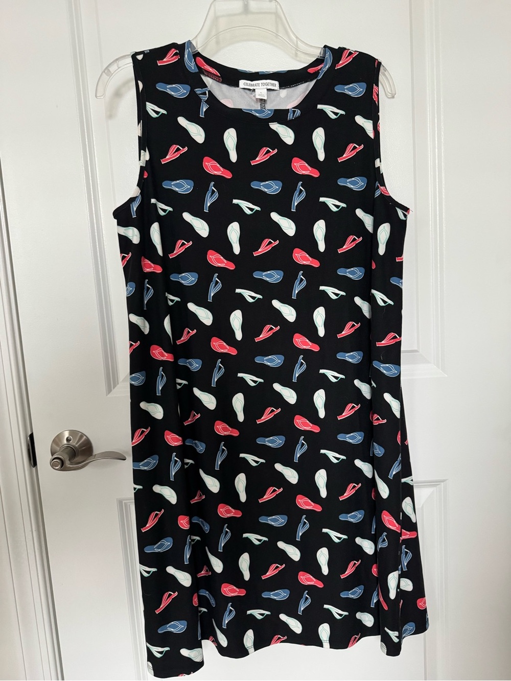 Sleeveless Black Midi Dress with Colorful Flip-Flop Print